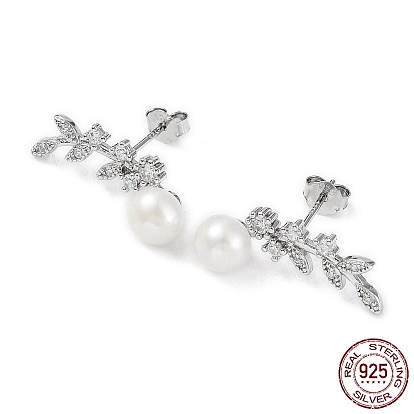 Cubic Zirconia Leafy Branch with Natural Pearl Stud Earrings, 925 Sterling Silver Earrings for Women