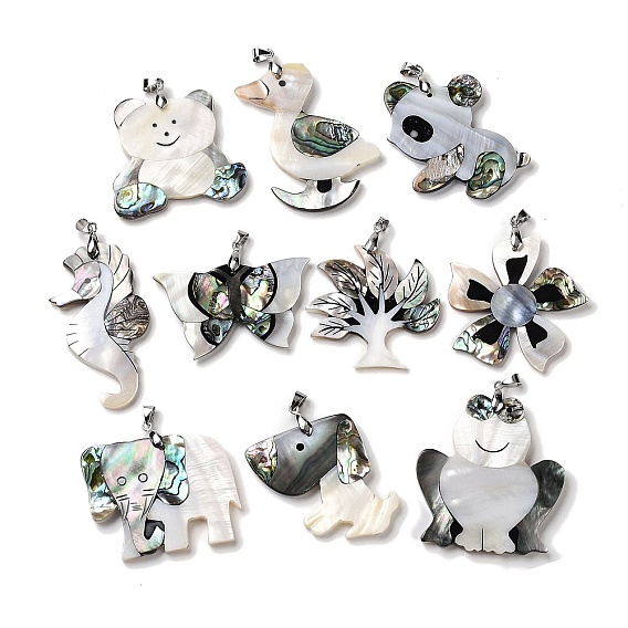 Подвески из натуральной ракушки пауа в виде животного/цветка/дерева/бабочки, черной ракушки для губ и белой ракушки, Подвески с животными/насекомыми, цвет нержавеющей стали, защелкивающиеся дужки из нержавеющей стали