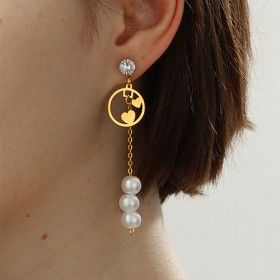 Милые серьги-гвоздики с кисточками из нержавеющей стали, с искусственным жемчугом и прозрачным кубическим цирконием, золотые