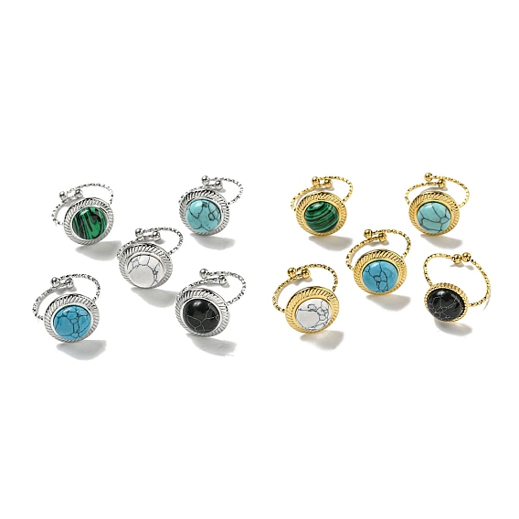 304 открытые манжеты из нержавеющей стали, Кольца на круглые пальцы с синтетическим малахитом и бирюзой для женщин и мужчин