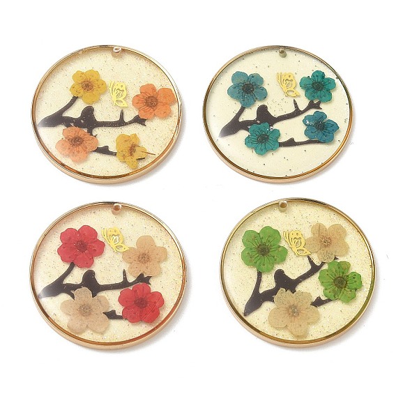 Plating Brass & Transparent Epoxy Resin & Dried Flower Pendants, Flat Round with Flower & Butterfly Pattern Charm, with Glitter Powder