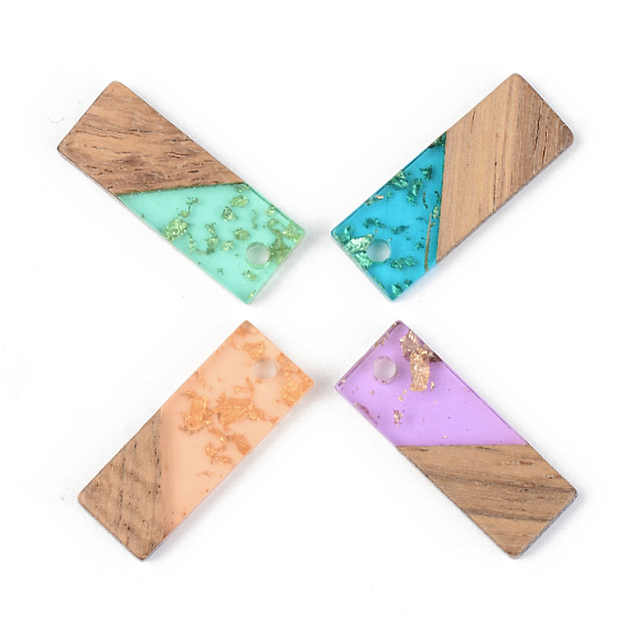Transparent Resin & Walnut Wood Pendants, with Gold Foil, Rectangle,