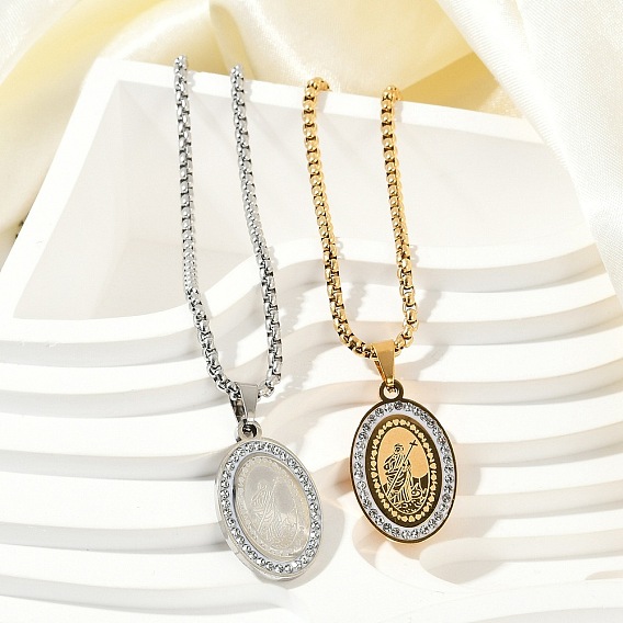 201 Овальные подвески из нержавеющей стали с микропаве из прозрачного кубического циркония, ожерелья с цепочкой для мужчин