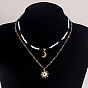 Bohemian Mixed Color Beaded Crescent Evil Eye Pendant Necklace for Women