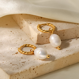 Stylish French Twist Pearl Hoop Earrings - 18K Gold Plated Stainless Steel Jewelry for Women