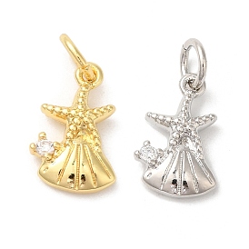 Rack Plating Brass Clear Cubic Zirconia Pendants, with Jump Ring, Long-Lasting Plated, Lead Free & Cadmium Free, Starfish with Sea Shell