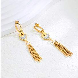 Серьги-гвоздики в форме сердца из нержавеющей стали, со стразами, цепочка-оберег