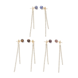 3 пары латунных серег-гвоздиков с круглыми кисточками и стразами, с натуральным тигровым глазом, натуральным аметистом и натуральной голубовато-пятнистой яшмой