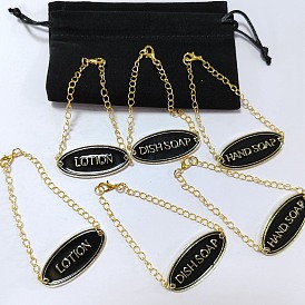 7 Décorations de pendentif en alliage d'émail pcs, Étiquettes pour bouteilles de distributeurs rechargeables, avec des chaînes en laiton et des sacs en velours
