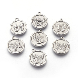 Pendentifs en acier inoxydable, plat et circulaire avec papillon