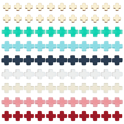 70Pcs 7 Colors Synthetic Coral Beads, Dyed, Cross, with 20Pcs Golden Tone Cross Brass Beads