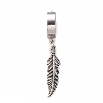 Stainless Steel Feather Dangle Hoop Earrings, Hip-hop Punk Jewelry for Women
