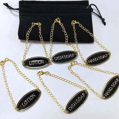 7 Décorations de pendentif en alliage d'émail pcs, Étiquettes pour bouteilles de distributeurs rechargeables, avec des chaînes en laiton et des sacs en velours