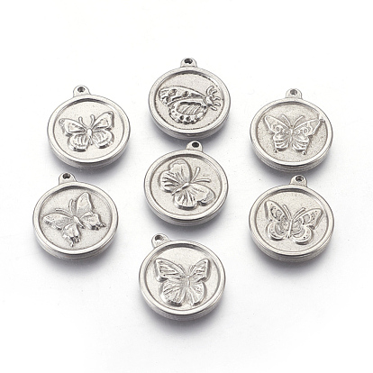 Pendentifs en acier inoxydable, plat et circulaire avec papillon