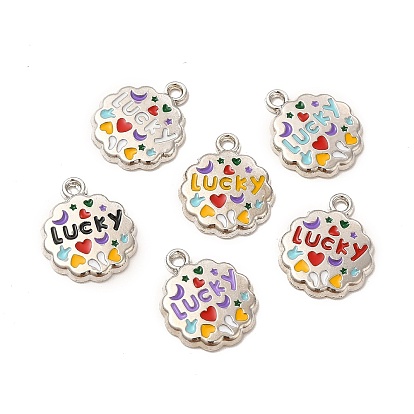 Alloy Enamel Pendants, Flower with Word Lucky, Mixed Color