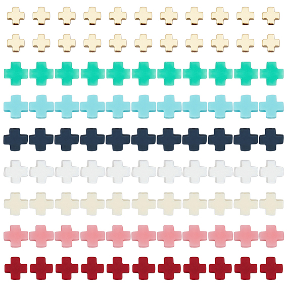 70Pcs 7 Colors Synthetic Coral Beads, Dyed, Cross, with 20Pcs Golden Tone Cross Brass Beads