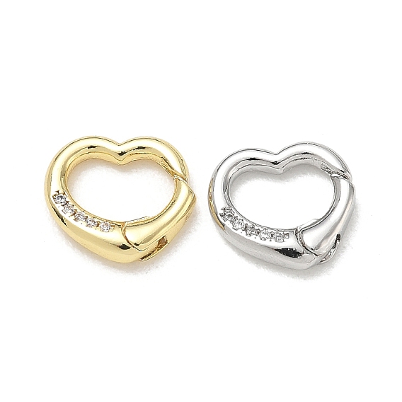 Latón micro pavimenta claro cubic zirconia anillos de compuerta de resorte, corazón, sin plomo y cadmio, chapado en rack, larga duración plateado