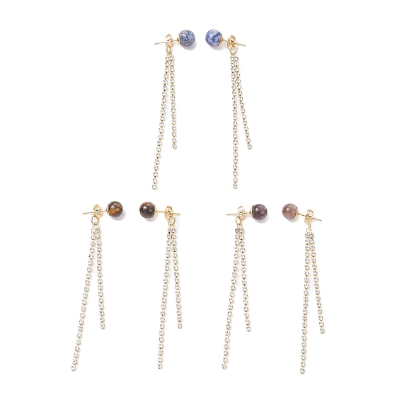 3 пары латунных серег-гвоздиков с круглыми кисточками и стразами, с натуральным тигровым глазом, натуральным аметистом и натуральной голубовато-пятнистой яшмой