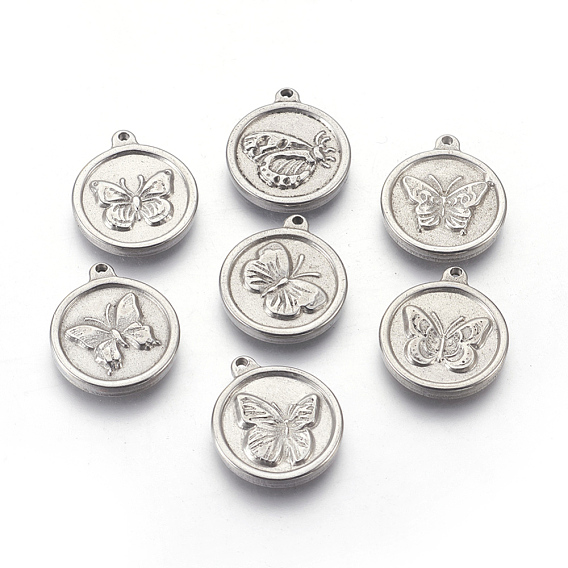 304 Stainless Steel Pendants, Flat Round with Butterfly