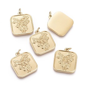 Valentine's Day Ion Plating(IP) 304 Stainless Steel Pendants, with Jump Rings, Square with Rose