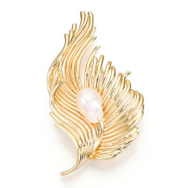 Natural Baroque Pearl Brooches for Women, Brass Feather Pins
