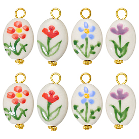 8Stück 4Stile handgefertigte Porzellananhänger, mit  eisernem Zubehör, Oval mit Blumenmuster-Anhängern