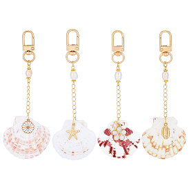 4 шт. 4 стили сплава натурального морского цветка-ракушки с подвеской в виде морской звезды, с эмалью и поворотными застежками, золотые