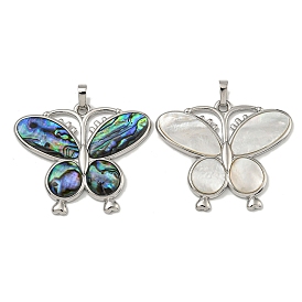 Rack Plating Brass Pave Natural Shell Pendants, Butterfly Charms, Platinum