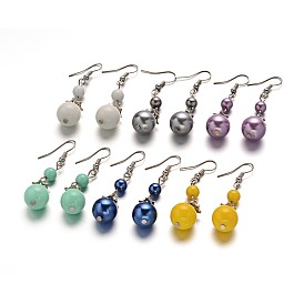 Jolies boucles d'oreilles en perles de verre rondes, avec les accessoires en alliage et crochets d'oreille en fer , 49x12 mm, broches: 0.6 mm
