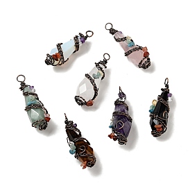 Natural & Synthetic Gemstone Pointed Big Pendants, Faceted Bullet Charm, with Red Copper Tone Brass Findings and Mixed Chip Stones, Cadmium Free & Lead Free, Mixed Dyed and Undyed