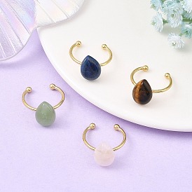Natural Green Aventurine/Lapis Lazuli/Tiger Eye/Rose Quartz  Cuff Open Rings, 304 Stainless Steel Rings, Teardrop, Real 18K Gold Plated