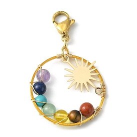 Wire Wrapped Chakra Mixed Gemstone Pendant Decorations, with Sun Brass Link and 304 Stainless Steel Lobster Claw Clasps