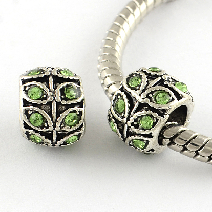 Antique Silver Plated Alloy Rhinestone Large Hole European Beads, Rondelle with Leaf, 9x7mm, Hole: 5mm
