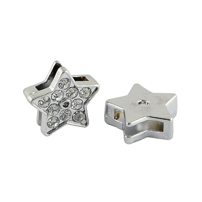 Alloy Star Slide Charms with Grade A Rhinestones, 12x12x4mm, Hole: 8x2mm