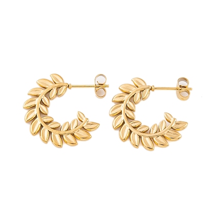 Ion Plating(IP) 304 Stainless Steel Half Hoop Stud Earrings for Women, Leaf