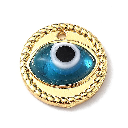 Handmade Lampwork Evil Eye Pendants, with Real 18K Gold Plated Brass Findings, Lead Free & Cadmium free, Flat Round Charm