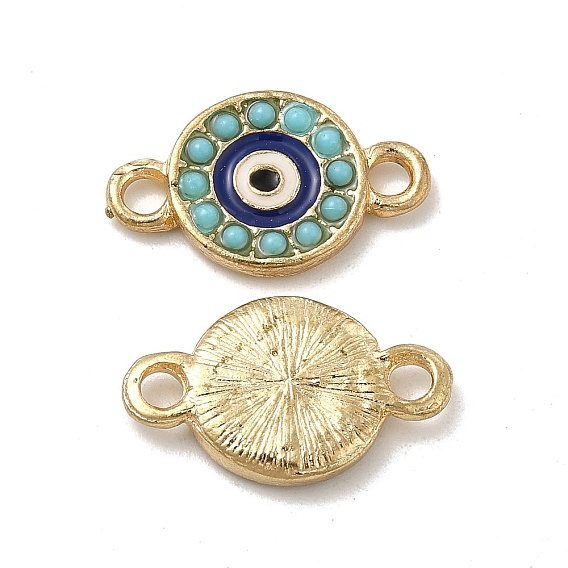 Alloy Connector Charms with Enamel and Synthetic Turquoise, Flat Round Links with Midnight Blue Evil Eye, Nickel