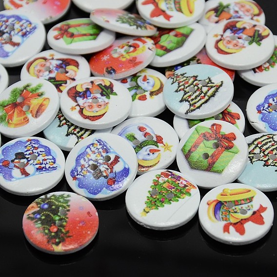 Holiday Buttons, 2-Hole Dyed Flat Round Printed Wooden Sewing Buttons for Christmas
