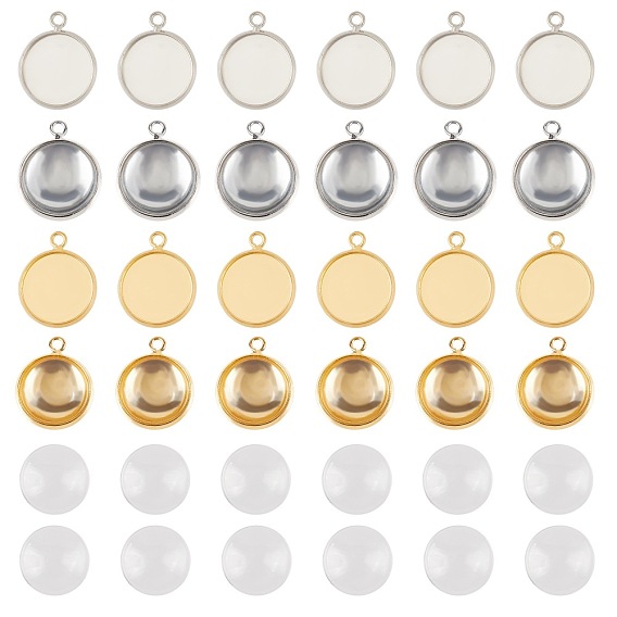 ARRICRAFT DIY Pendant Making Kits,include Brass Flat Round Pendant Cabochon Settings, Plain Edge Bezel Cups and Dome Transparent Glass Cabochons