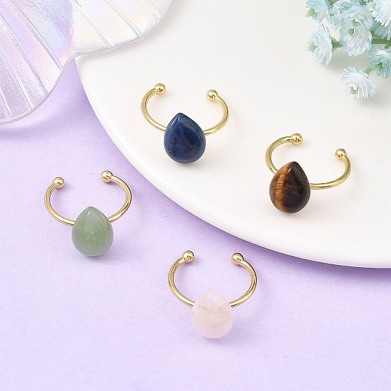 Anillos abiertos tipo brazalete de aventurina verde natural, lapislázuli, ojo de tigre y cuarzo rosa., 304 anillos de acero inoxidable, lágrima, real 18 k chapado en oro