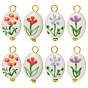 8Pcs 4 Styles Handmade Porcelain Pendants, with Iron Findings, Oval with Flower Pattern Charms