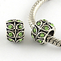 Antique Silver Plated Alloy Rhinestone Large Hole European Beads, Rondelle with Leaf, 9x7mm, Hole: 5mm