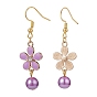 Rhinestones Flower with Glass Pearl Dangle Earrings, Gold Plated 304 Stainless Steel Jewelry for Women