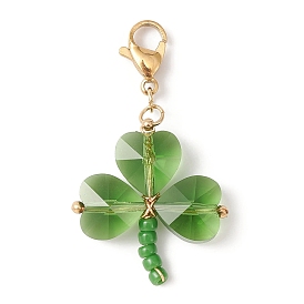 Glass Beads Pendants Decorations, with 304 Stainless Steel Lobster Claw Clasps and Solid Round Brass Beads, Clover