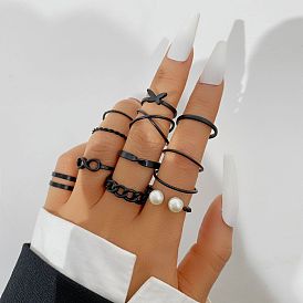 11-Piece Set of Creative and Stylish Geometric Joint Rings with Black Pearls for Women