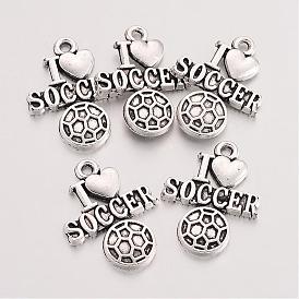 Tibetan Style Zinc Alloy Pendants, Sports Charms, FootBall/Soccer Ball with Word, Lead Free & Cadmium Free, 22x16.7x2mm, Hole: 1.5mm