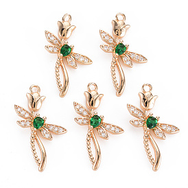 Rack Plating Brass Micro Pave Clear Cubic Zirconia Pendants, with Faceted Glass, Long-Lasting Plated, Cadmium Free & Lead Free, Dragonfly with Flower