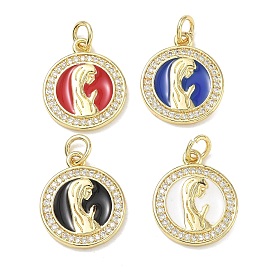 Brass Micro Pave Clear Cubic Zirconia with Enamel Pendants, Flat Round with Virgin Mary Charms, Golden