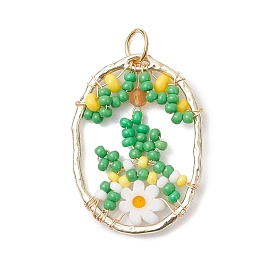 Овальные стеклянные бусины с цветочными подвесками, с фурнитурой из сплава и 304 открытыми соединительными кольцами из нержавеющей стали