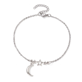 304 Stainless Steel Cable Chain Anklets, with Tibetan Style Zinc Alloy Charms, Moon